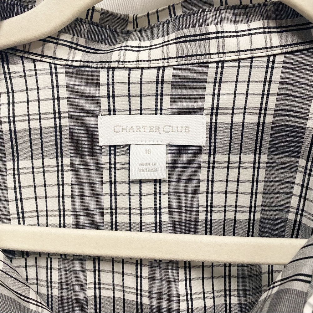 Charter Club Pearl Collar Gray & White Plaid Button Down Shirt - Picture 3 of 10
